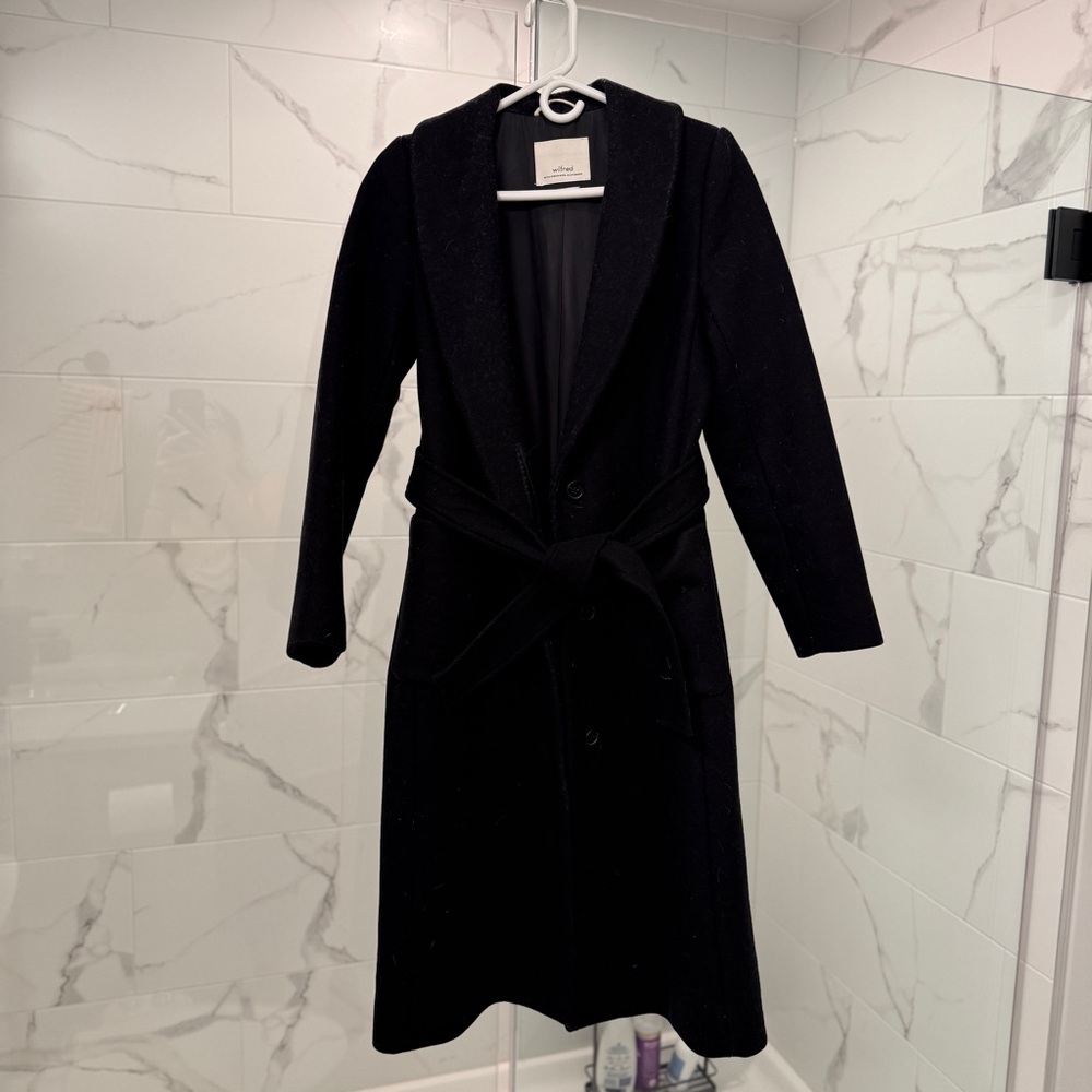 ARITZIA WILFRED Aubertin Long Black Cocoon Cashmere Wool Coat XS Belted Italy
